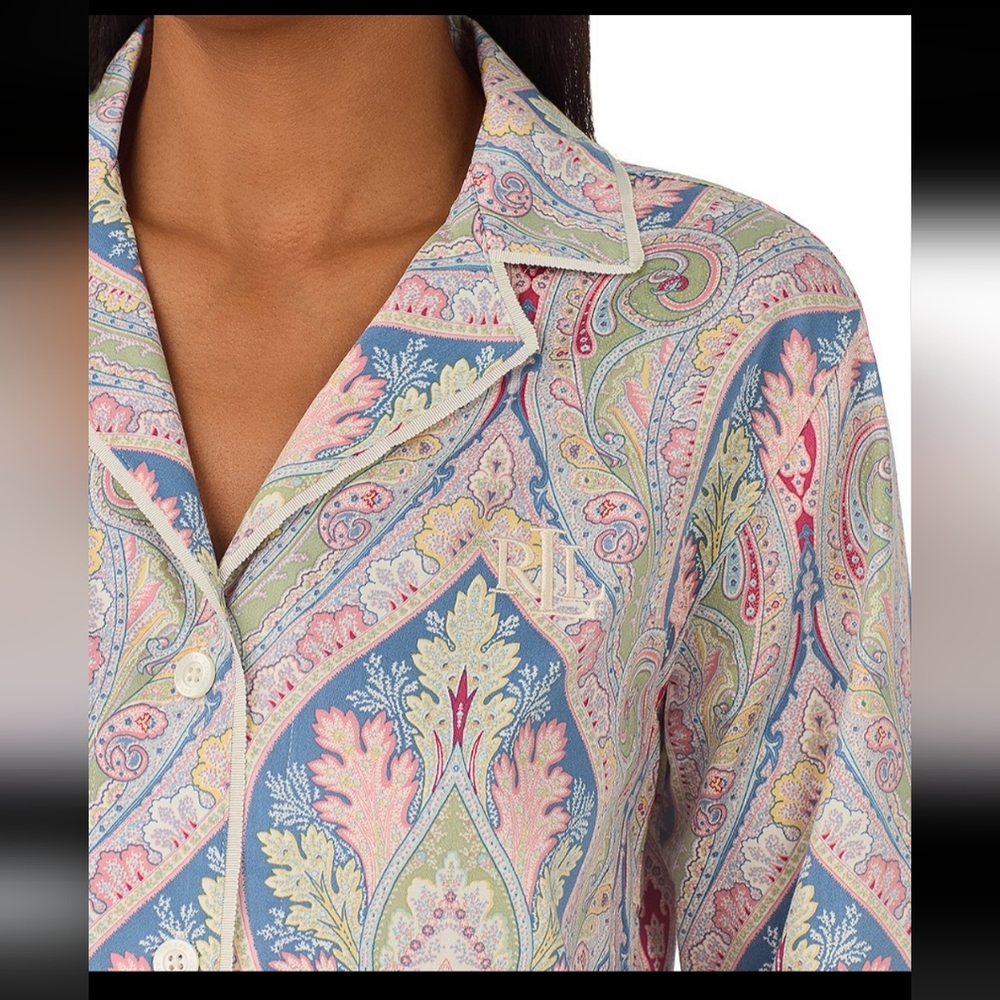 New  LAUREN  RALPH LAUREN  LONG SLEEVE  NOTCH  COLLAR  WOVEN  SATEEN  PAISLEY - Picture 9 of 11
